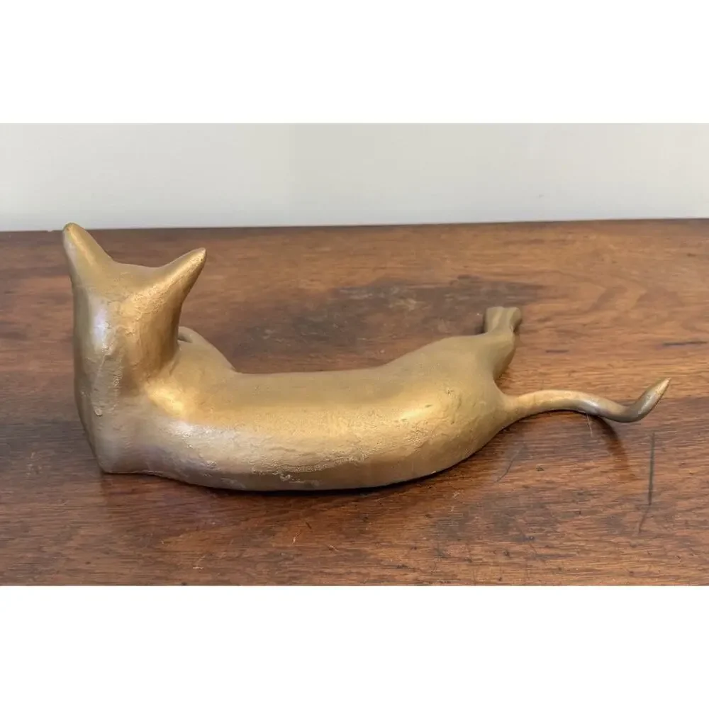 Vintage Solid Brass Reclining Cat Sculpture 11.25